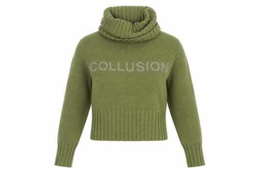 Front view of Collusion Women's Green Roll Neck Logo Jumper, size 4