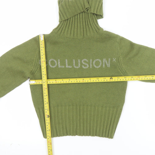 Collusion Women's Green Roll Neck Logo Jumper Size 4