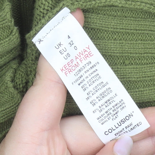 Collusion Women's Green Roll Neck Logo Jumper Size 4