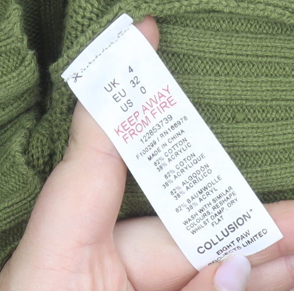 Collusion Women's Green Roll Neck Logo Jumper Size 4