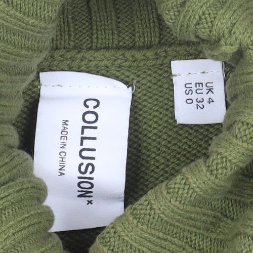 Collusion Women's Green Roll Neck Logo Jumper Size 4