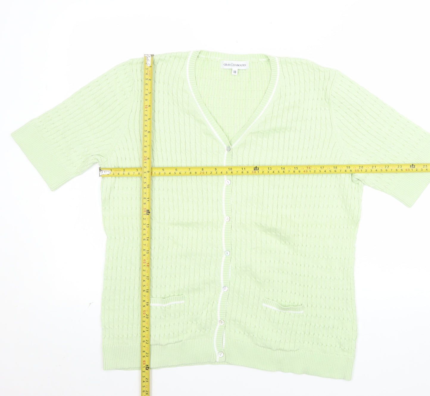 Gray & Osbourn Women's Green Cotton V-Neck Short Sleeve Cardigan Size 18