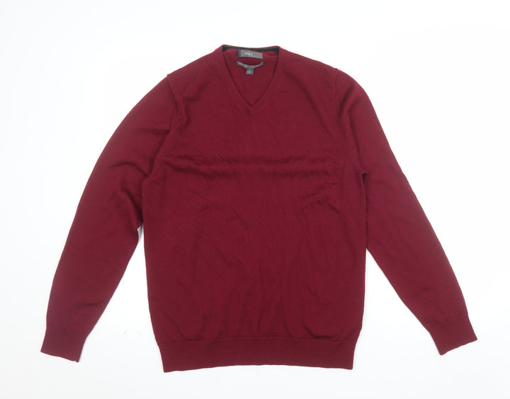 Marks and Spencer Mens Red Merino Wool V-Neck Jumper M
