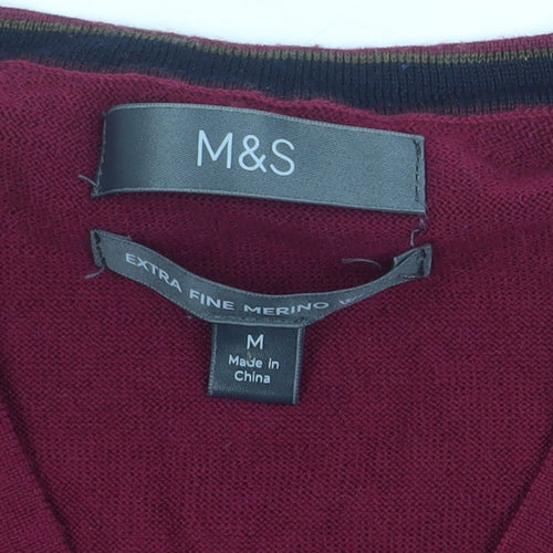 Marks and Spencer Mens Red Merino Wool V-Neck Jumper M