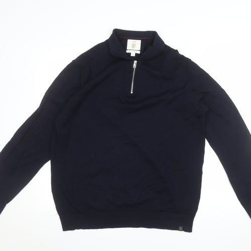 Marks and Spencer Men's Blue XL Merino Wool Half Zip Jumper