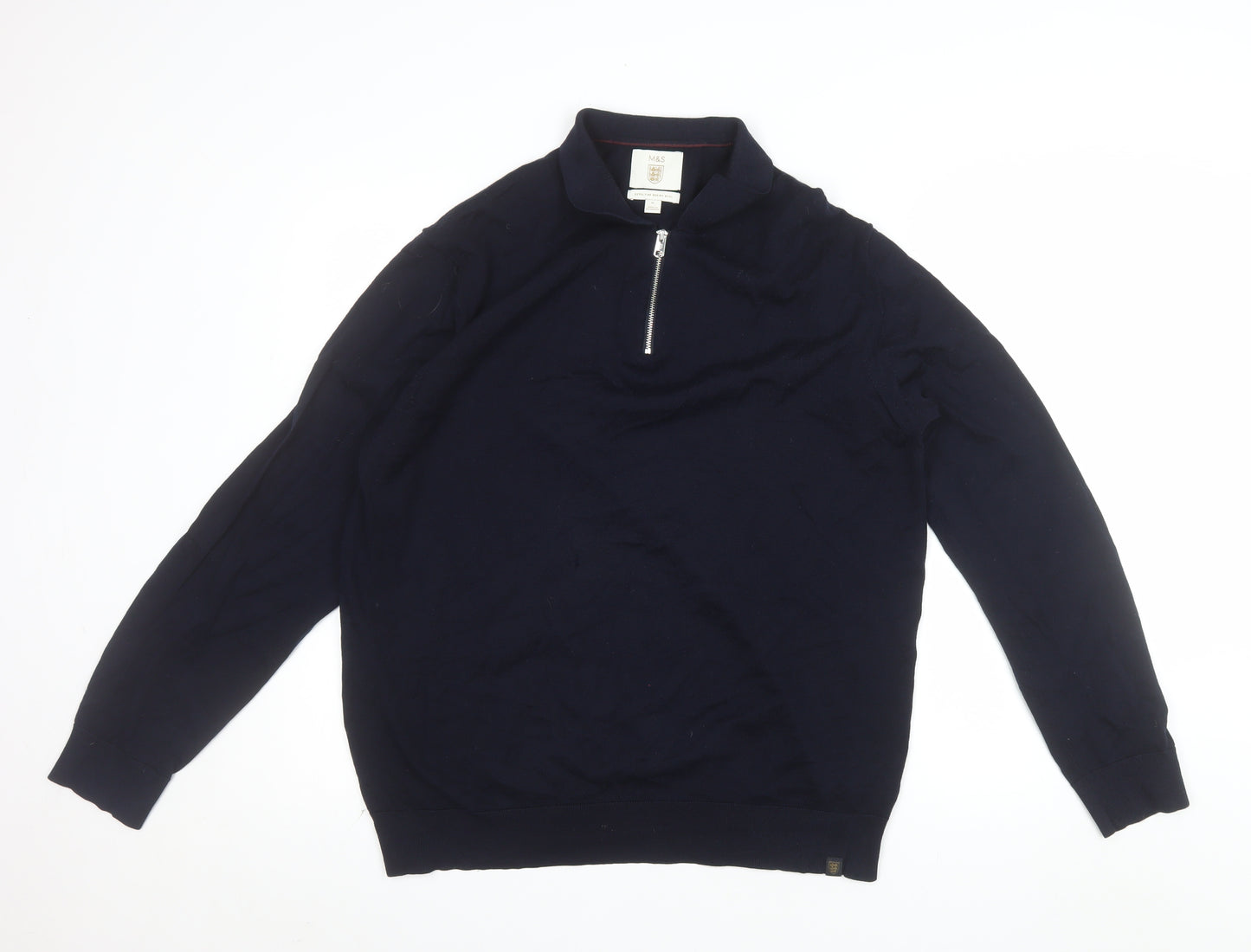Marks and Spencer Men's Blue XL Merino Wool Half Zip Jumper