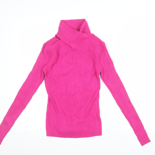 Warehouse Women's Pink Roll Neck Ribbed Knit Slim Fit Jumper Size S