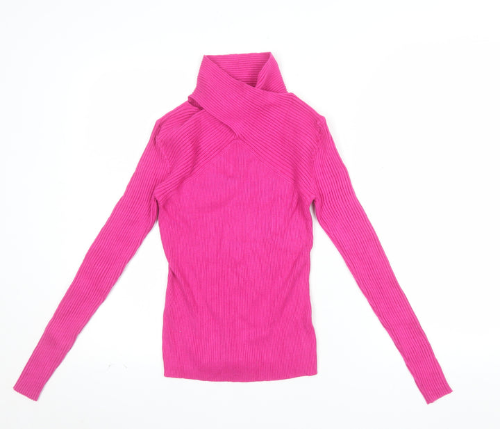 Warehouse Women's Pink Roll Neck Ribbed Knit Slim Fit Jumper Size S