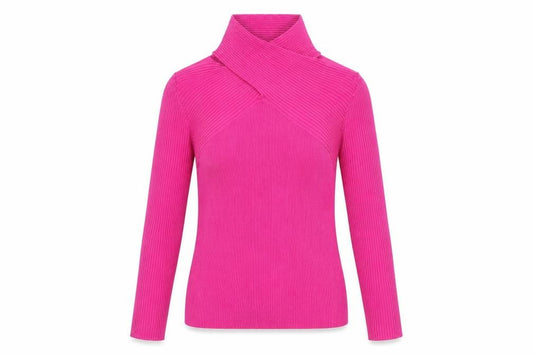 Front view of Warehouse Women's Pink Roll Neck Ribbed Knit Slim Fit Jumper, size S