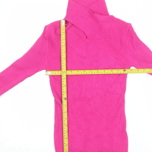 Warehouse Women's Pink Roll Neck Ribbed Knit Slim Fit Jumper Size S