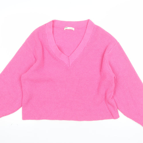 Pull&Bear Women’s Pink V-Neck Ribbed Knit Jumper Size S