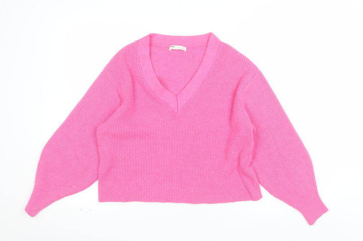 Pull&Bear Women’s Pink V-Neck Ribbed Knit Jumper Size S