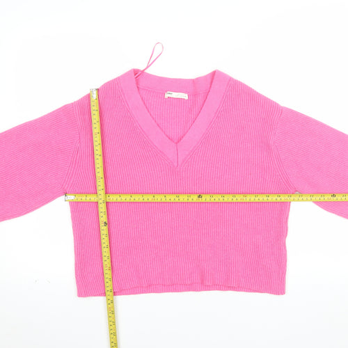 Pull&Bear Women’s Pink V-Neck Ribbed Knit Jumper Size S