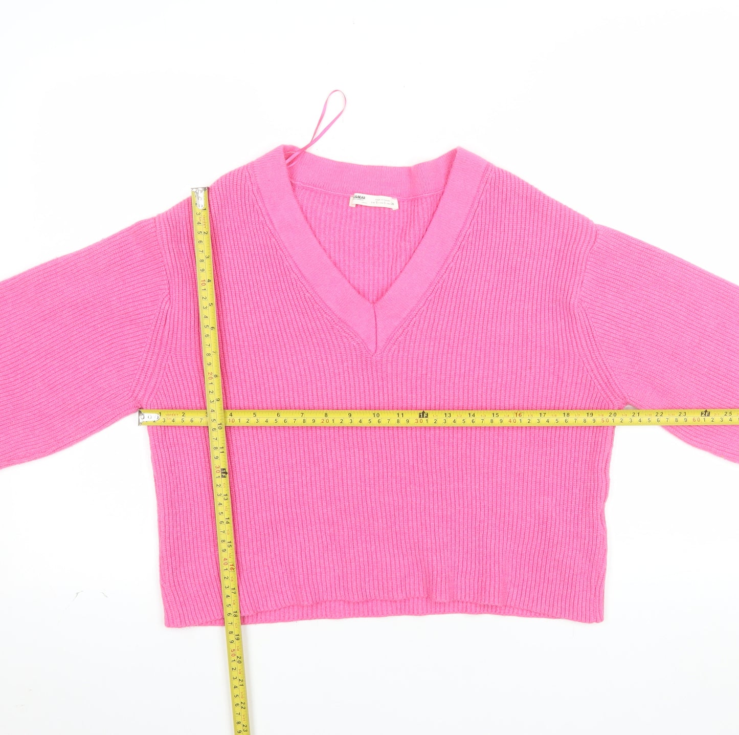 Pull&Bear Women’s Pink V-Neck Ribbed Knit Jumper Size S