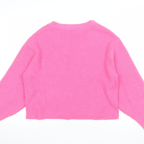 Pull&Bear Women’s Pink V-Neck Ribbed Knit Jumper Size S