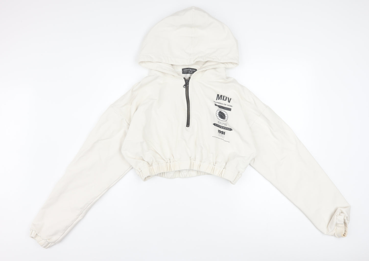 Maniere De Voir Women's Ivory 1/4 Zip Cropped Hoodie Size 12