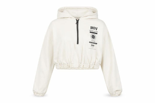 Front view of Maniere De Voir Women's Ivory 1/4 Zip Cropped Hoodie, size 12