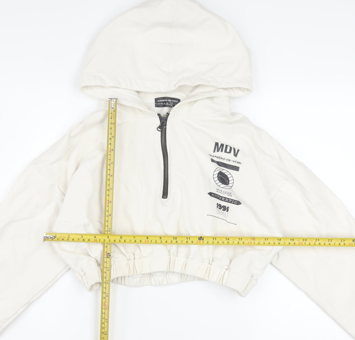 Maniere De Voir Women's Ivory 1/4 Zip Cropped Hoodie Size 12