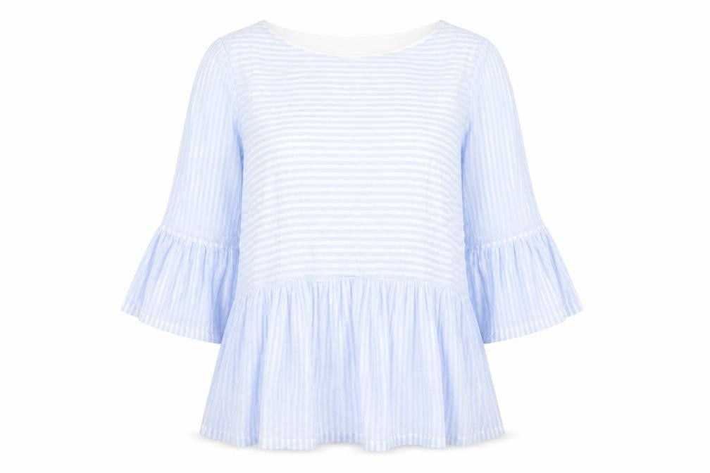 Phase Eight Women's Blue Striped Tunic Blouse UK 14 3/4 Bell Sleeve