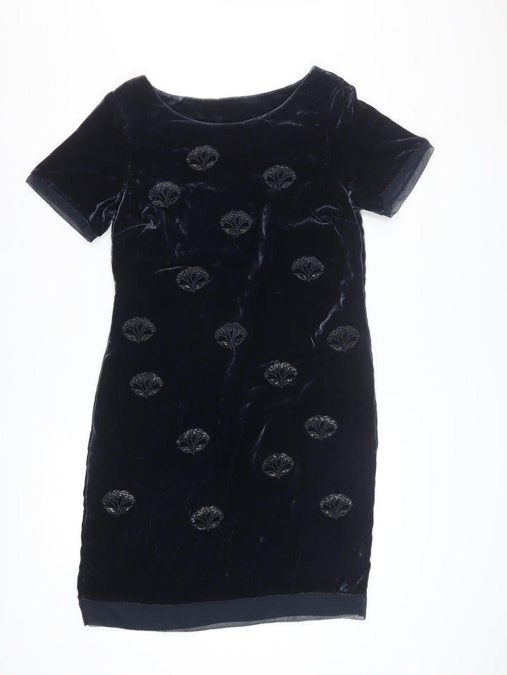 White Stuff Women's Blue Velvet Beaded Shift Dress Size 18