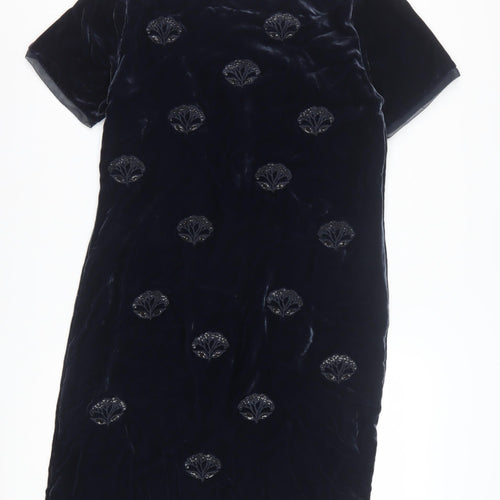 White Stuff Women's Blue Velvet Beaded Shift Dress Size 18