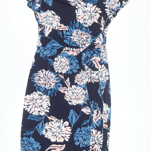 Roman Women Blue Floral V-Neck Bodycon Knee Length Dress Size 10