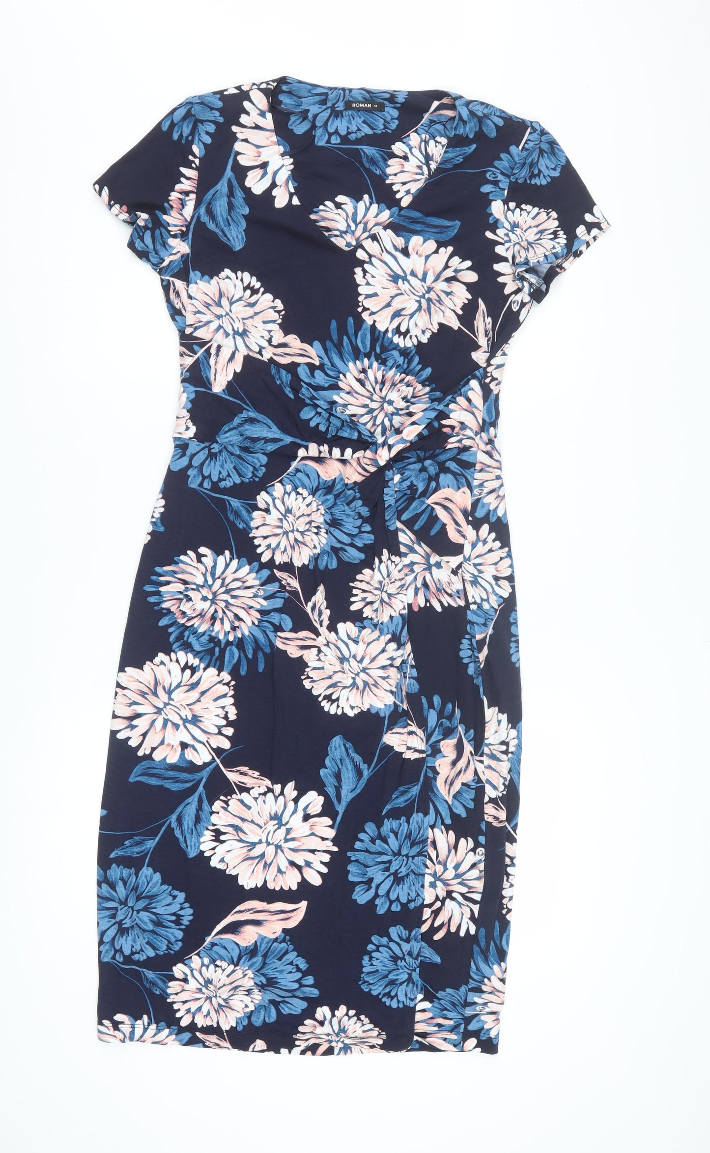 Roman Women Blue Floral V-Neck Bodycon Knee Length Dress Size 10