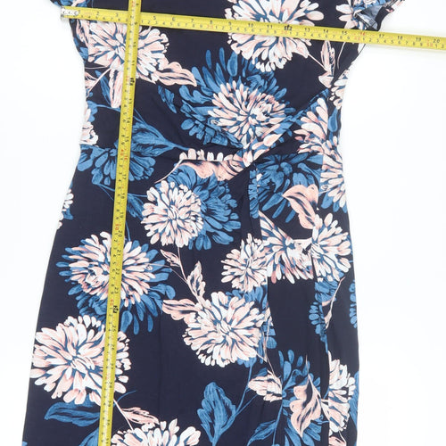 Roman Women Blue Floral V-Neck Bodycon Knee Length Dress Size 10