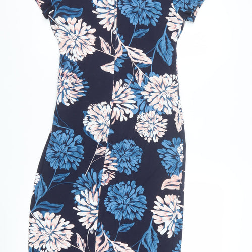 Roman Women Blue Floral V-Neck Bodycon Knee Length Dress Size 10