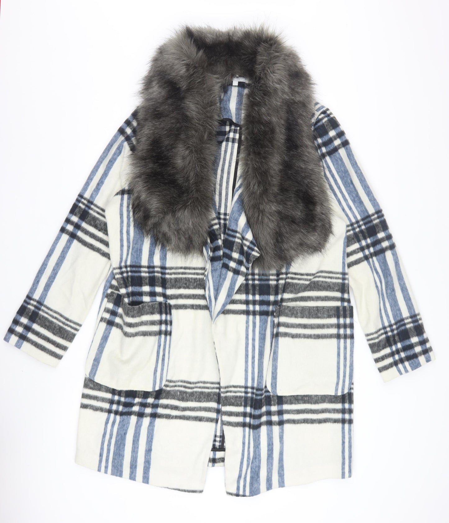 Red Herring Women’s Blue Check Faux Fur Collar Coat Size 14