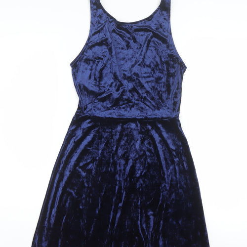 H&M Women Blue Velvet Sleeveless Skater Dress Size 8