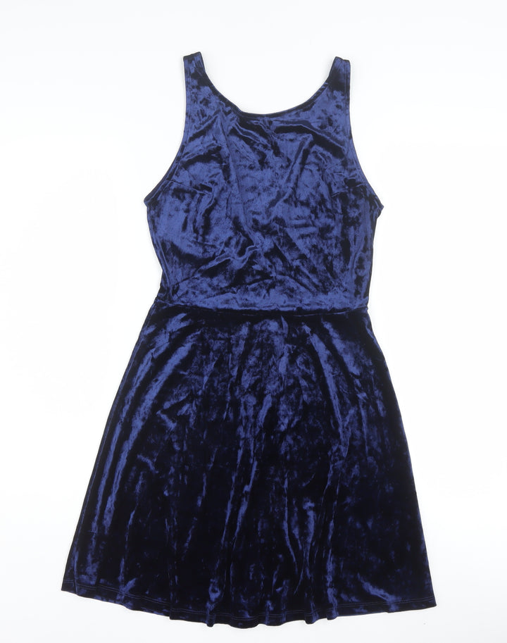 H&M Women Blue Velvet Sleeveless Skater Dress Size 8