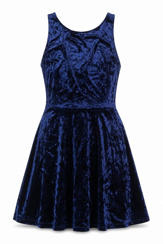 Front view of H&M Women Blue Velvet Sleeveless Skater Dress, size 8