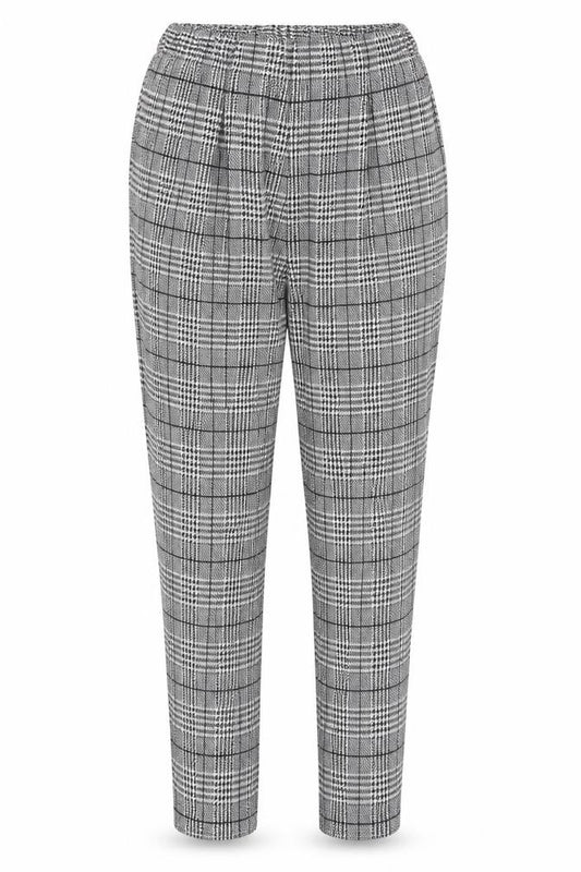 Front view of ESMARA Women's Grey Check Tapered Trousers, size 12-14