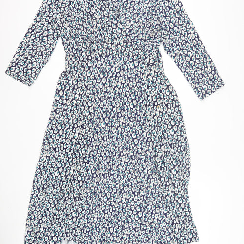 BHS Women’s Blue Animal Print Wrap Dress Size 14 V-Neck 3/4 Sleeve