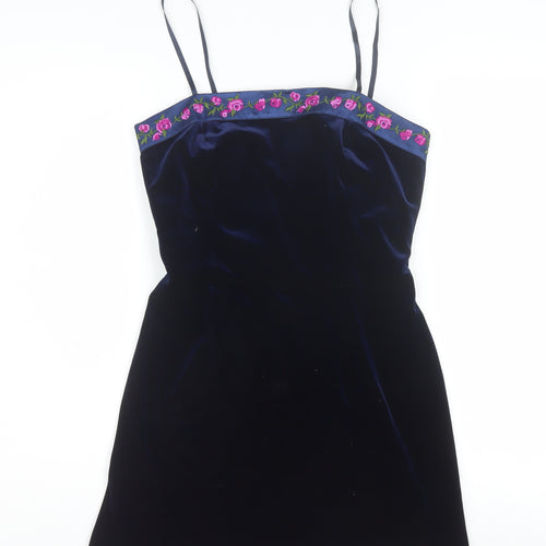 Papell Boutique Women Blue Velvet Slip Dress Size 8 Embroidered