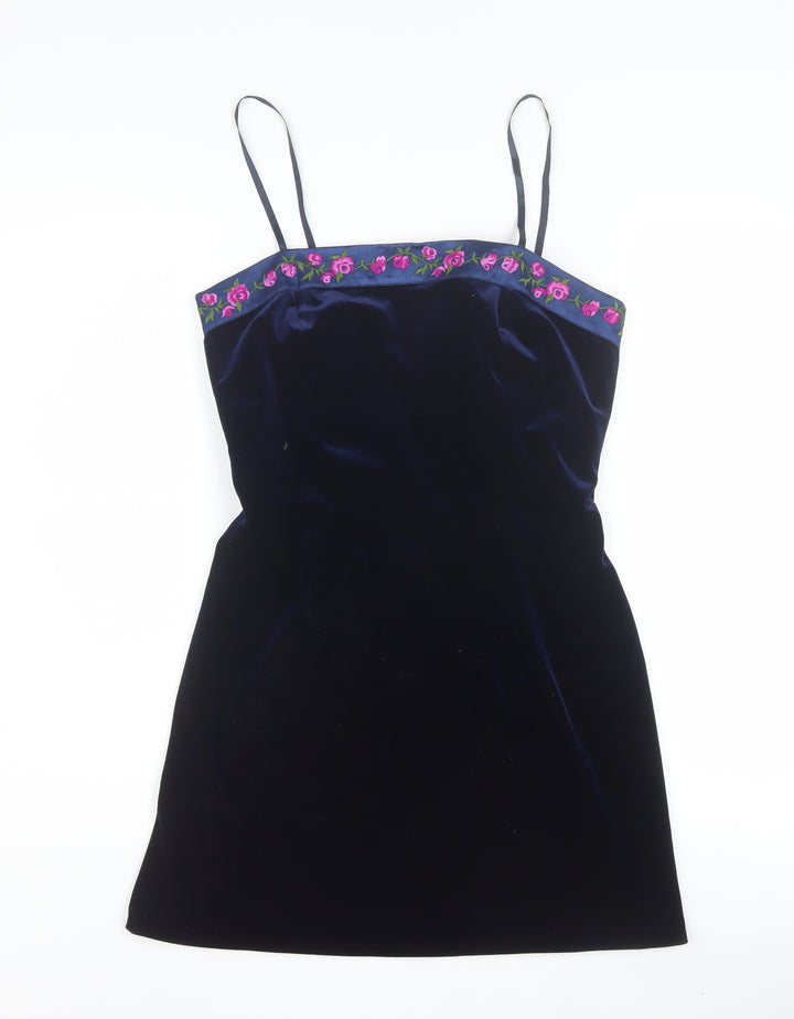 Papell Boutique Women Blue Velvet Slip Dress Size 8 Embroidered
