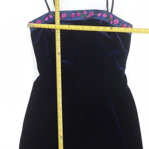 Papell Boutique Women Blue Velvet Slip Dress Size 8 Embroidered