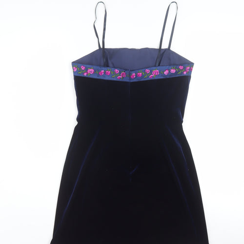 Papell Boutique Women Blue Velvet Slip Dress Size 8 Embroidered