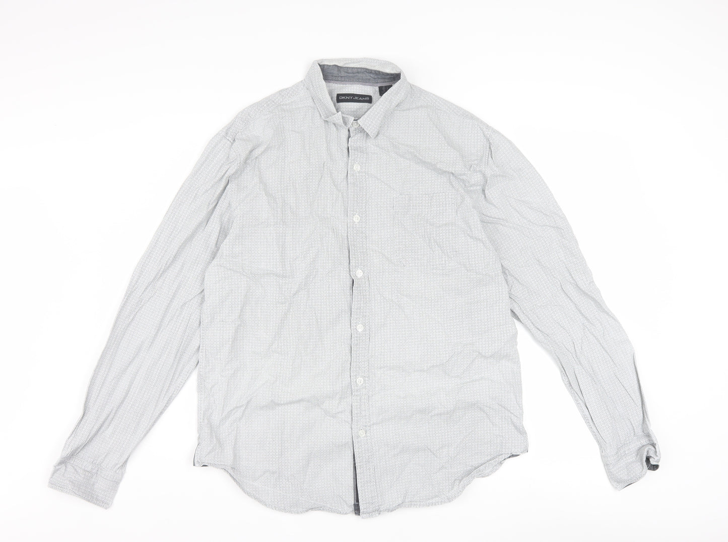 DKNY Jeans Men's Grey Geometric 100% Cotton Long Sleeve Regular Fit Dress Shirt L