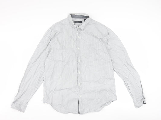 DKNY Jeans Men's Grey Geometric 100% Cotton Long Sleeve Regular Fit Dress Shirt L