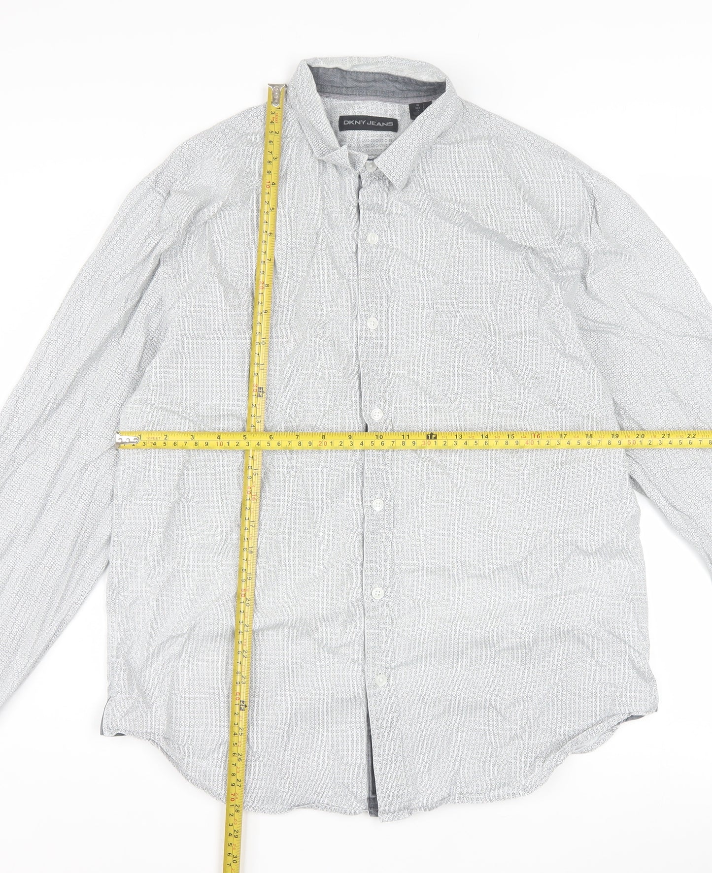 DKNY Jeans Men's Grey Geometric 100% Cotton Long Sleeve Regular Fit Dress Shirt L