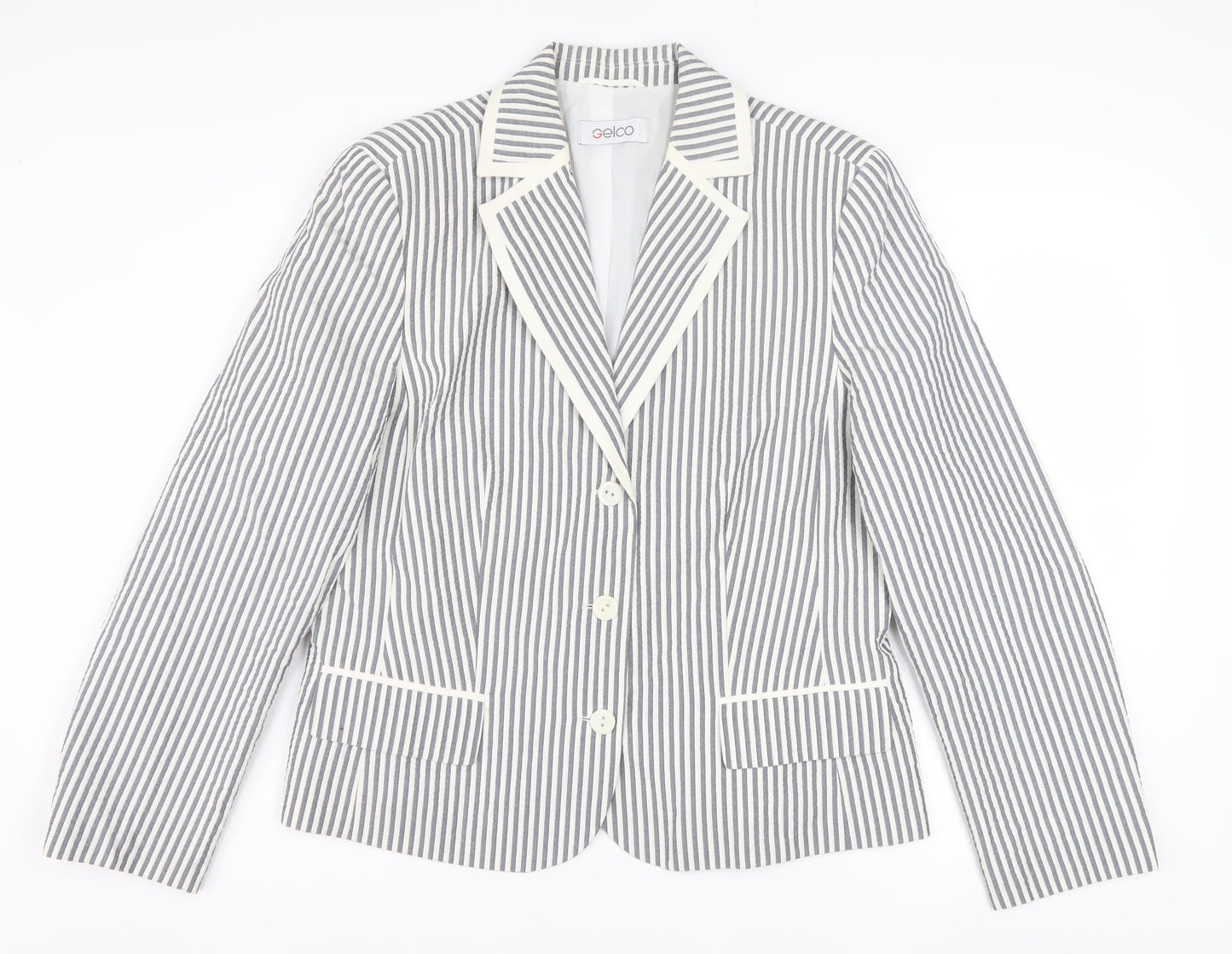 Gelco Women Grey Striped Cotton Blend Classic Blazer Size 16