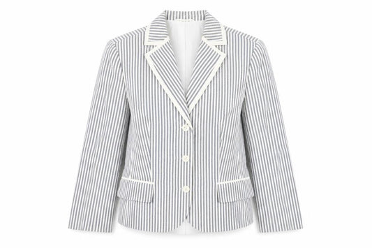 Front view of Gelco Women Grey Striped Cotton Blend Classic Blazer, size 16