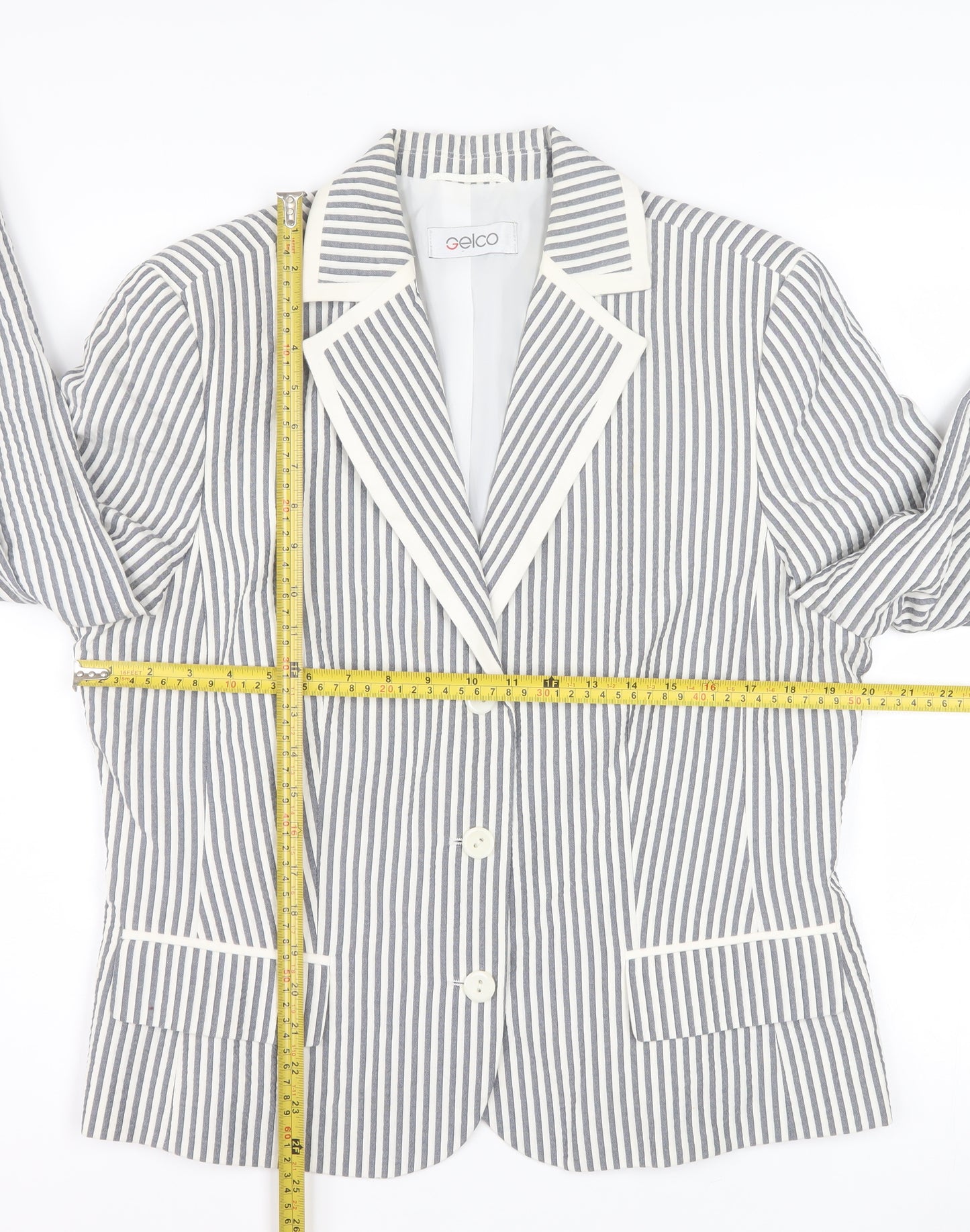 Gelco Women Grey Striped Cotton Blend Classic Blazer Size 16