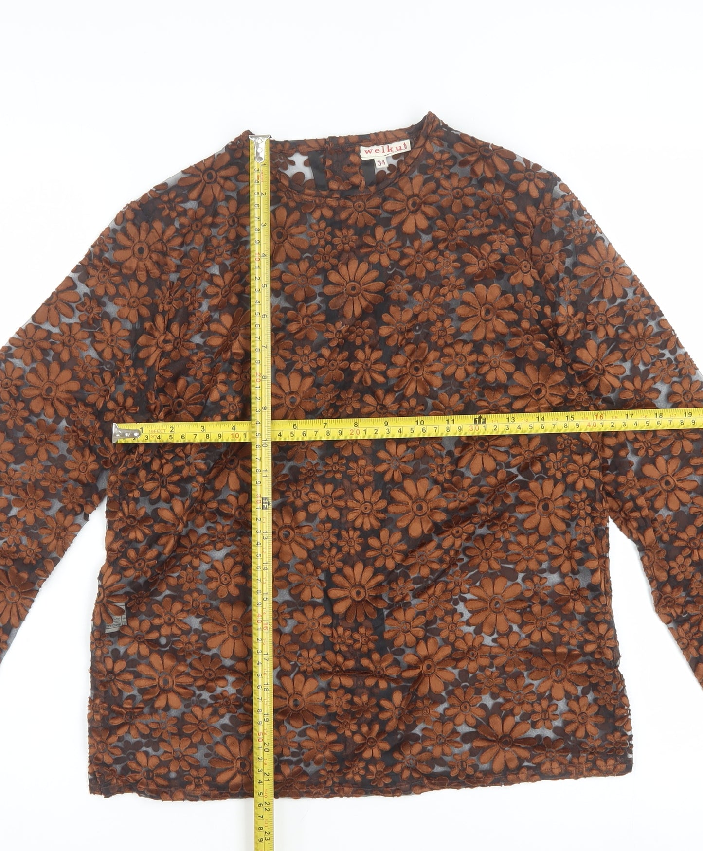 Welkut Women’s Brown Floral Sheer Button Blouse - Size 6