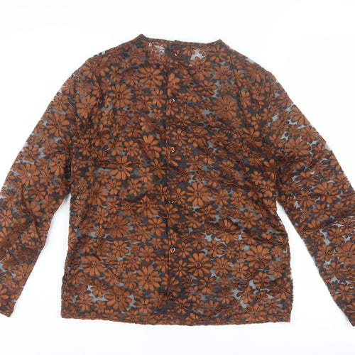 Welkut Women’s Brown Floral Sheer Button Blouse - Size 6
