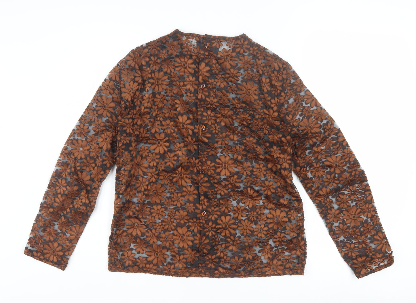 Welkut Women’s Brown Floral Sheer Button Blouse - Size 6