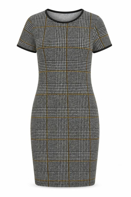 Front view of Select Women's Grey Check Bodycon Dress, size 6, Short Sleeve