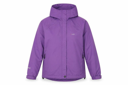 Front view of X-Life Women's Purple Waterproof Hooded Rain Jacket, size S, 10-12 UK